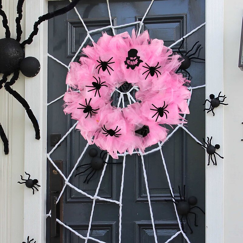 Halloween Pink Wreath for Front Door, Mesh Spider Web Garland, Festive Party Decor, Spooky Holiday Door Hanging, Seasonal Halloween Decoration2