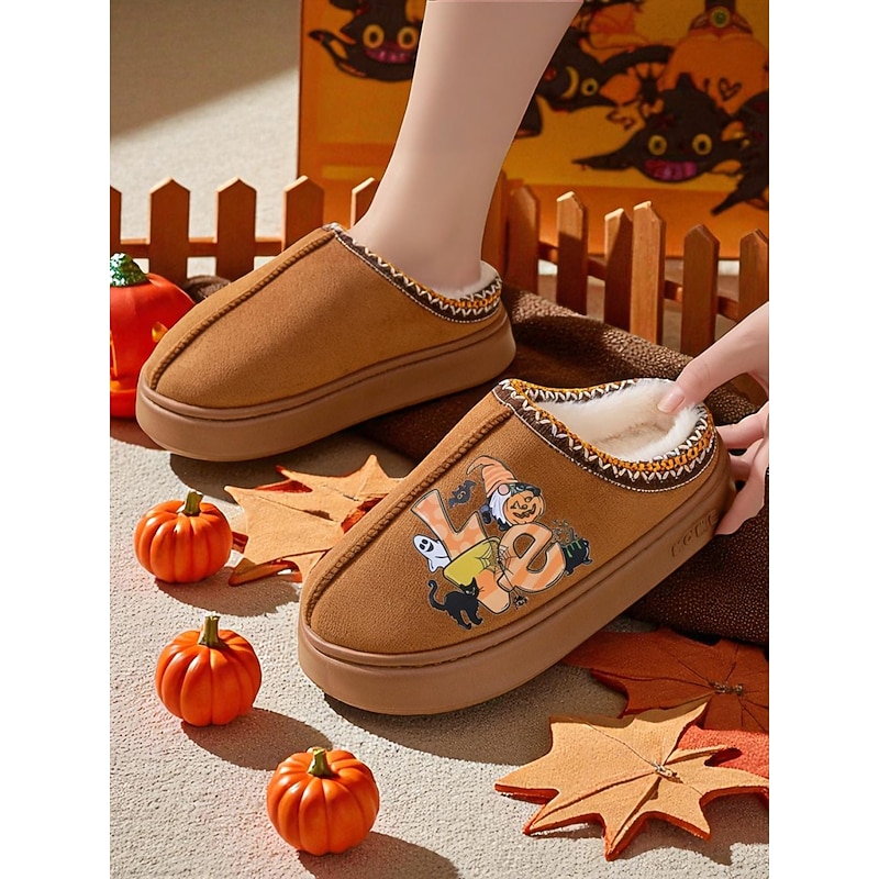 Women's Halloween Fleece-Lined Slippers – Cozy Indoor House Shoes with Cartoon Pumpkin Print, Soft Anti-Slip Sole, Warm Fall Winter Style for Home and Holiday Gifts3