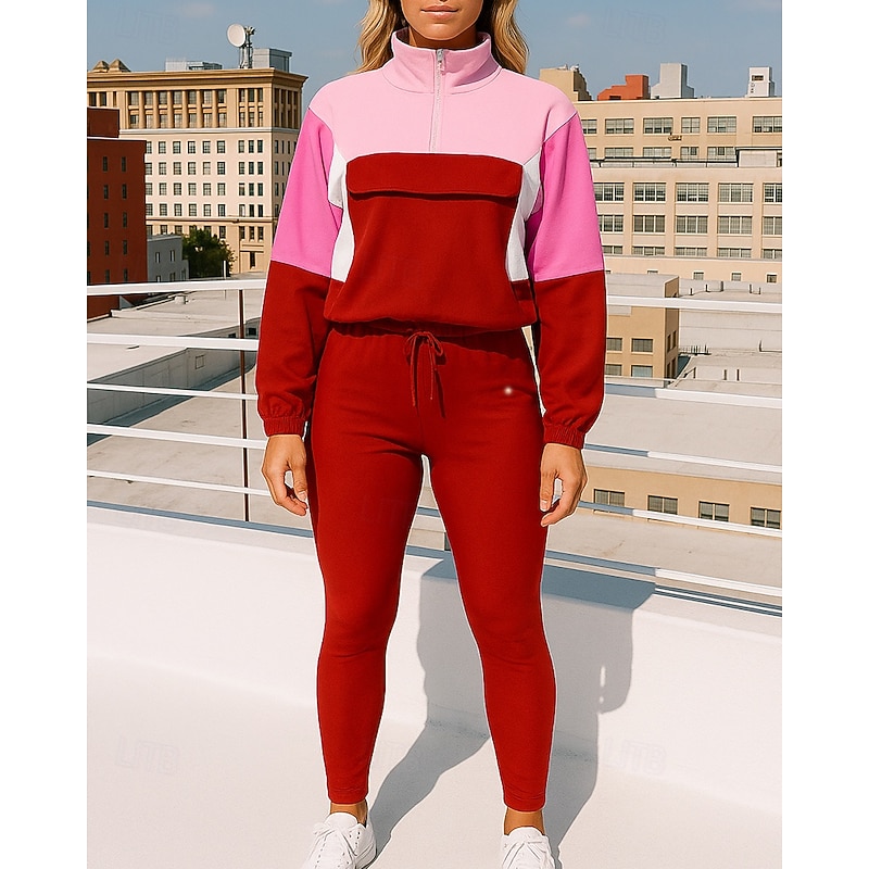 Women's Tracksuit Sweatpants Sportswear Quarter Zipper with Pocket Color Block Clothing Suit Fall Red Blue Outdoor Travel Sports High Waist Long Sleeve Sport Activewear Micro-elastic Regular Fit4