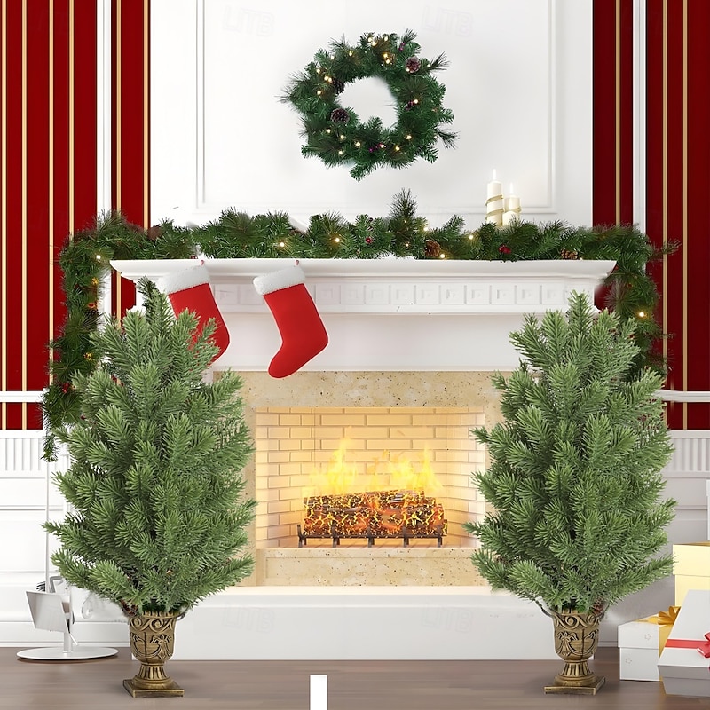 Artificial Christmas Tree Garden Stake 24 Inches Artificial Cedar Topiary Trees with Ground Spike Christmas Faux Outdoor Plants for Room Front Porch Garden Backyard Decor2