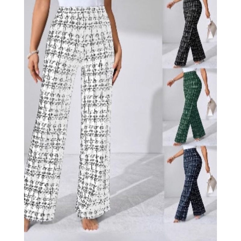 Women's Wide Leg Slacks Streetwear Casual Full Length Natural Plaid Elastic Waist Comfy Street Holiday Daily Wear Black White Green Dark Blue Fall Regular Fit