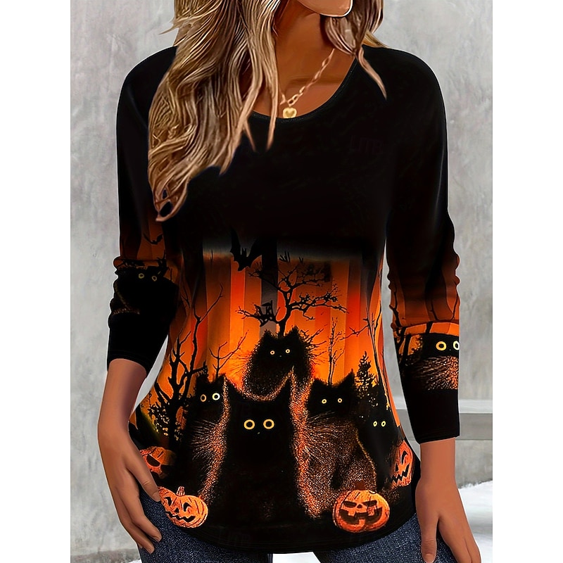 Halloween Women's T shirt Pumpkin Graphic Cat Vintage Stylish Classic Long Sleeve Crew Neck Regular Tops Daily Print Orange Spring Fall Winter