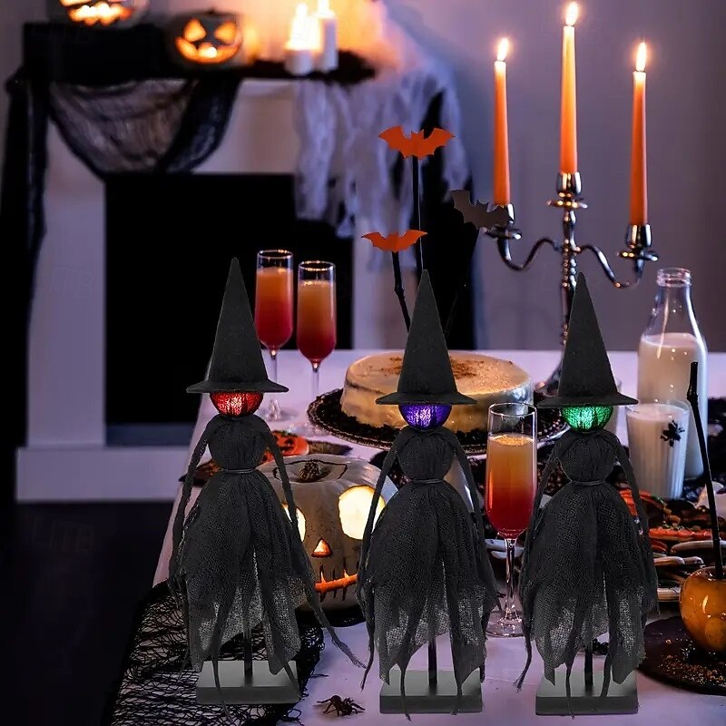 3 Pack Vintage Witch with Hats 3 LED Colors Spooky Halloween Witch Statue for Mantel, Home, Kitchen, Office, Shelf, Porch, Tabletop, Halloween Decor2