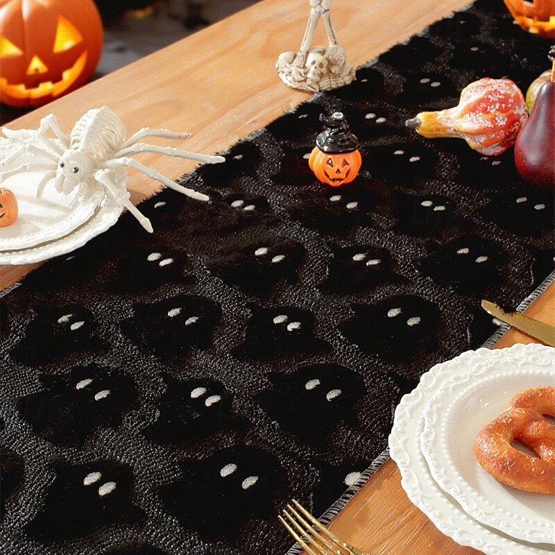 Halloween Table Runner Table Flag with 3D Ghost Embroidery - Black Eye Little Devil PU Faux Fur Decoration, Black White Holiday Tablecloth for Party Dining Decor4