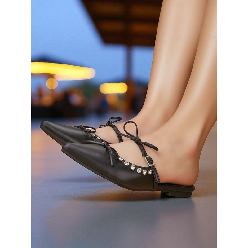 Women's Black Pointed Toe Flats with Rhinestone Embellishments and Double Bow Straps - Elegant Nightlife Party Shoes4
