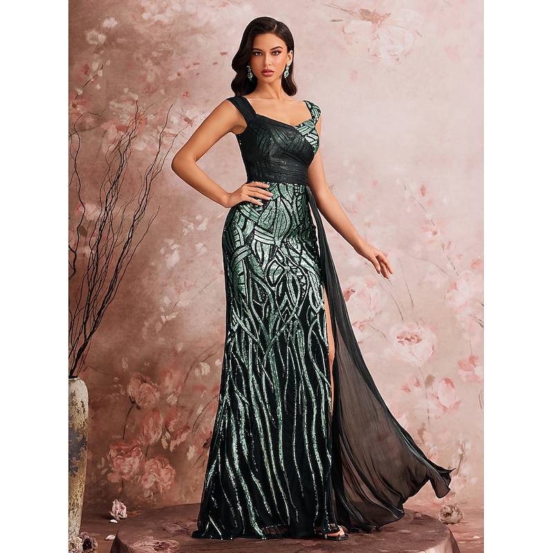 Mermaid / Trumpet Evening Gown Sparkle Dress Wedding Evening Party Floor Length Sleeveless Square Neck Bridesmaid Dress Tulle Backless with Sequin3