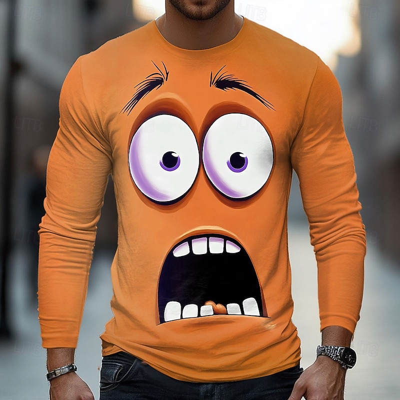 Men's Human face Funny Emotes T Shirt Long Sleeve T shirt 3D Print Crew Neck Shirt Fashion Exaggerated Street Daily Yellow Red Blue Summer Spring Fall Clothing Apparel S M L XL XXL XXXL