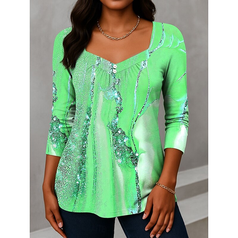 Women's T Shirt Ombre Graphic Elegant Vintage Fashion Long Sleeve Asymmetric Neck Regular Tops Daily Weekend Vacation Wear Buttons Print Pink Purple Green Summer Spring3