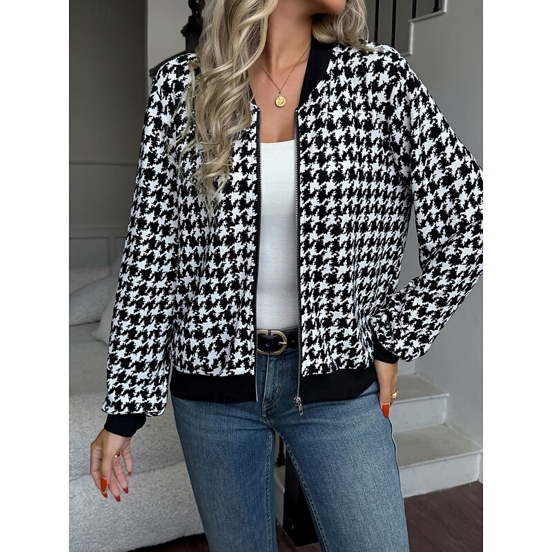 Women's Casual Jacket Comfortable Breathable Zipper Print Casual Houndstooth Vacation Street Casual Daily Wear Zipper Regular Stand Collar Regular Fit Long Sleeve Outerwear Black Grey Black Summer - Main Image