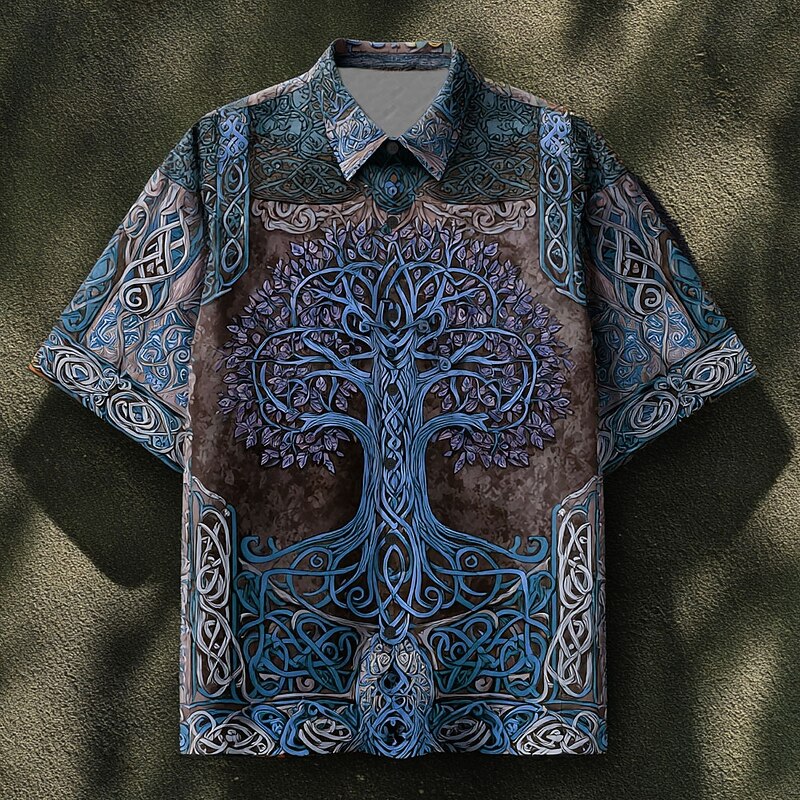 Men's Celtics Tree Of Life Shirt Summer Shirt Button Up Shirt Short Sleeve Vintage Retro Dailywear Holiday Summer Spring Turndown 3D Print Collared Shirts Front One Pocket Blue green Blue Brown Green2