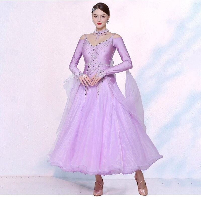 Ballroom Dance Dress Crystals / Rhinestones Women's Performance Training Long Sleeve Modern Waltz Dance Costumes3