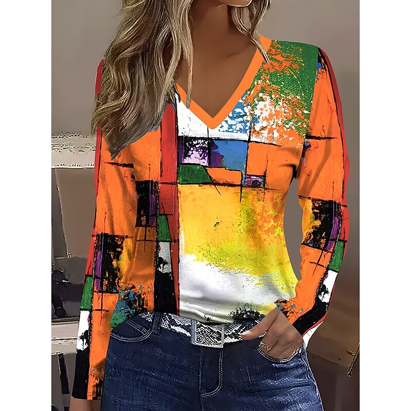 Women's T Shirt Ombre Graphic Geometric Vintage Stylish Casual Long Sleeve V Neck Regular Tops Daily Print Yellow Blue Orange Spring Fall4