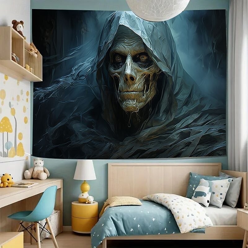 Grim Reaper Tapestry Cyberpunk Death Skeleton Wall Hanging with Scythe Futuristic Subway Moon Scene Wall Decoration for Bedroom Gaming Room Party2