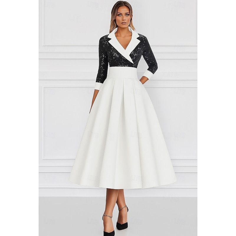 Tuxedo Dress A-Line Formal Wedding Wedding Guest Satin Elegant 3/4 Length Sleeve Ankle Length Tea Length Notched Lapels Lapel4