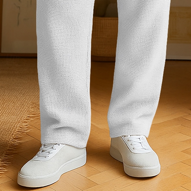 Men's Waffle Slacks Waffle Pants Drawstring Front Pocket Plain Comfort Full Length Outdoor Home Party Fashion Chic & Modern Dark Brown Black Stretchy3