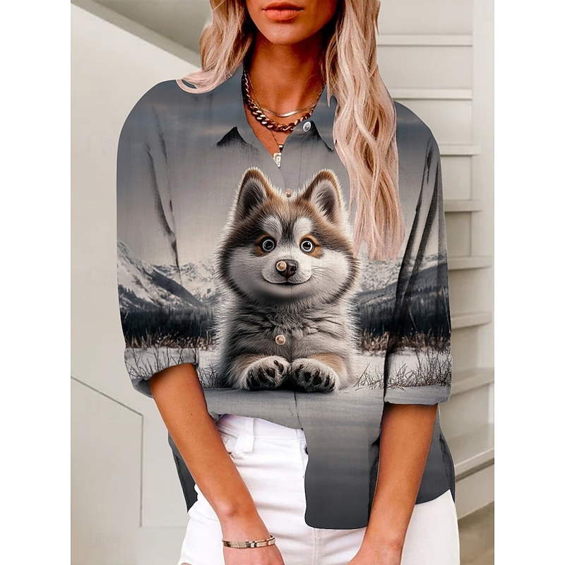Women's Shirt Animal Active Daily Stylish Long Sleeve Shirt Collar Regular Tops Daily Holiday Buttons Print Gray Summer Spring Fall
