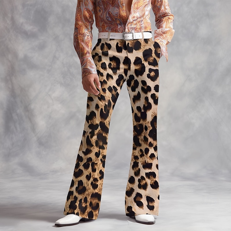 Men's Leopard Print Disco Pants 60s 70s Bell Bottoms Mid Waist Vintage Retro Outdoor Vacation Party Side Pockets Flared Leg Pants Trousers Spring Fall 3D Print Dark Khaki Light Khaki khaki