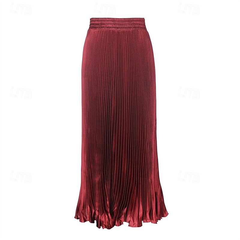 Women's Skirt A Line Fashion Casual Maxi High Waist Skirts Plain Pleated Micro-elastic Casual Daily Weekend Wine Red Champagne Gold Summer Polyester2