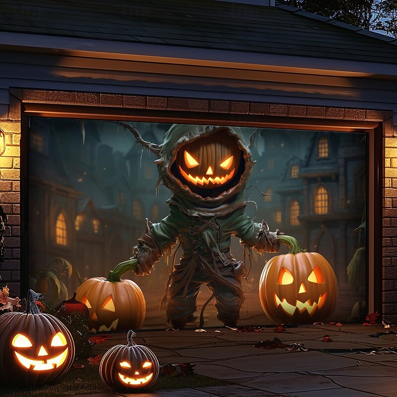 Halloween Tapestry Garage Door Cover Large Hanging Backdrop Pumpkin Scarecrow 3D Dark Punk Gothic Style Party Outdoor Shooting Backgrounds Front Door Home Decor4