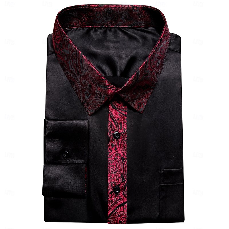 Men's Shirt Silk Like Satin Shirt Casual Shirt Button Up Shirt Prom Shirt Plain Formal Wedding Black Long Sleeve Lapel Spring &  Fall All Seasons Clothing Apparel Patchwork3
