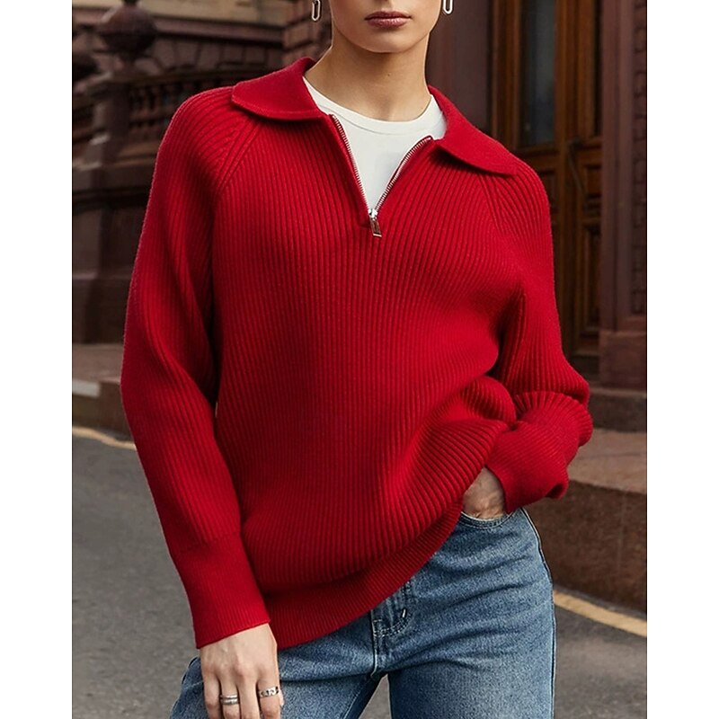 Women's Sweater Pullover Daily Stylish Casual Solid Color Ribbed Shirt Collar Zipper Knitted Long Sleeve Regular Tops Knit Daily Holiday Going out Pink Red Fall Winter4