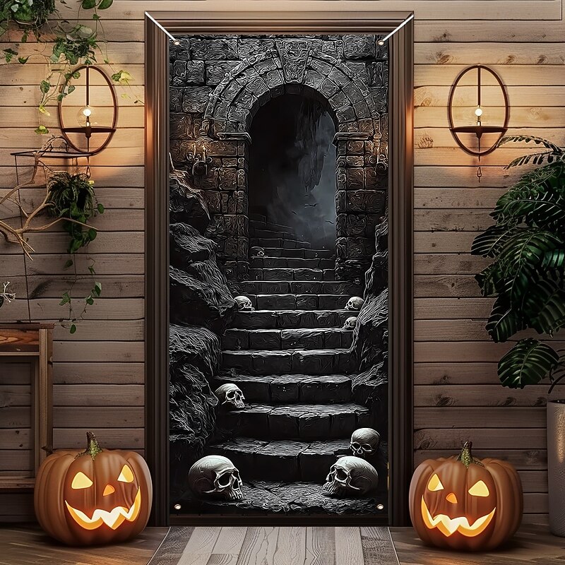 Halloween Door Cover Outdoor Banners Skeleton Stone Stairway 3D Dark Punk Gothic Style Party Outdoor Shooting Backgrounds Front Door Wall Porch Home Decor2