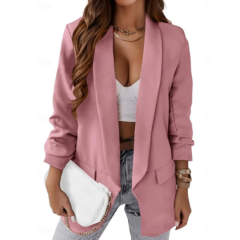 Women's Blazer Comfortable Breathable Pocket Casual Plain Office Street Casual Daily Wear Open Front Regular Turndown Regular Fit Long Sleeve Outerwear Pink Fuchsia Khaki Spring Fall