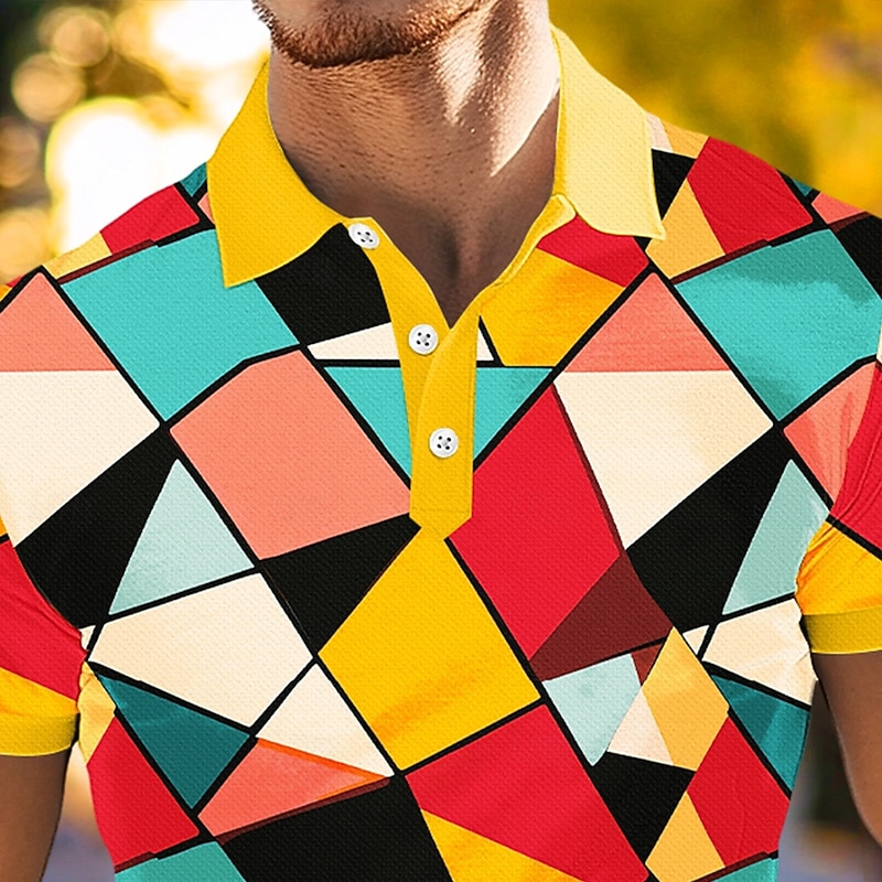 Men's Polo Vacation Street Turndown Short Sleeve Vacation Geometric Color Block Buttons Summer Spring Regular Fit Brown Yellow Green Purple Polo2