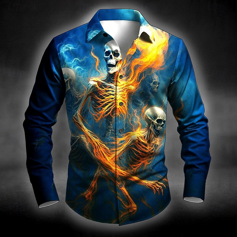 Halloween Men's Skull Flame Halloween Costumes Shirt Button Up Shirt Long Sleeve Dark Punk Gothic Style Outdoor Holiday Summer Spring Turndown 3D Print Collared Shirts Red Blue Dark Green3