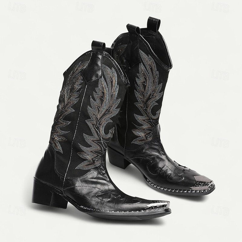 Men's Black Western Cowboy Boots with Embroidered Leaves – Premium Cowhide Tall Boots for Country Music Events, Rodeos and Vintage Parties2