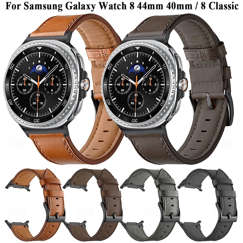 Watch Band for Samsung Galaxy Watch 8 40/44mm Watch 8 Classic 46mm Genuine Leather Replacement  Strap Adjustable Stainless Steel Buckle Leather Link Wristband