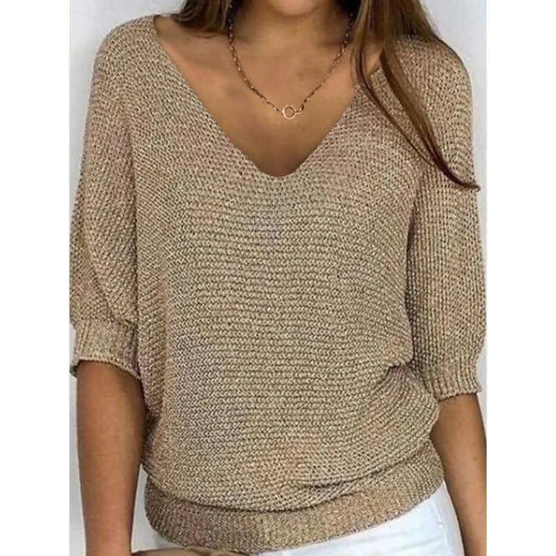 Women's Sweater Pullover Daily Stylish Casual Solid Color Ribbed V Neck Knitted 3/4 Length Sleeve Regular Tops Knit Outdoor Daily Black Light Green Summer Spring
