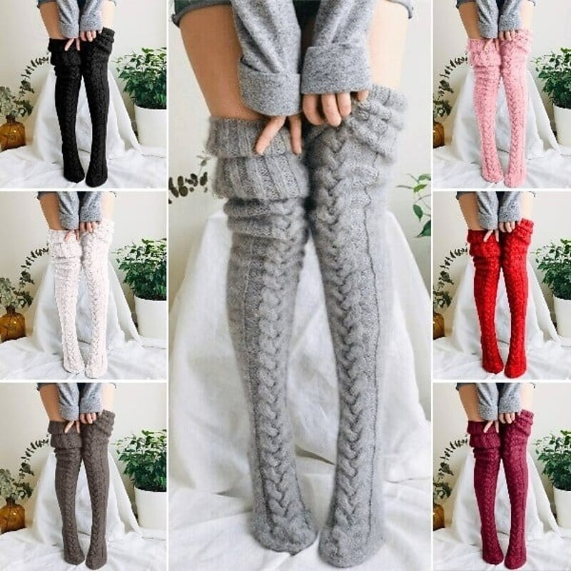 Thigh High Socks For Women Warm Knitted Over-The-Knee Long Tube Socks Cozy Autumn Winter Thick Solid Color Stacked Fashion Legwear Comfortable Daily Wear