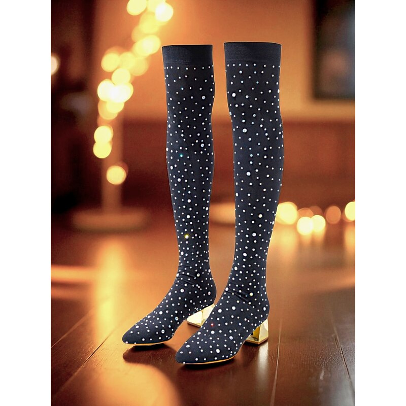 Women's Black Rhinestone Over-the-Knee Boots with Pointed Toe and Block Heel - Sparkly Nightlife Party Fashion Footwear4