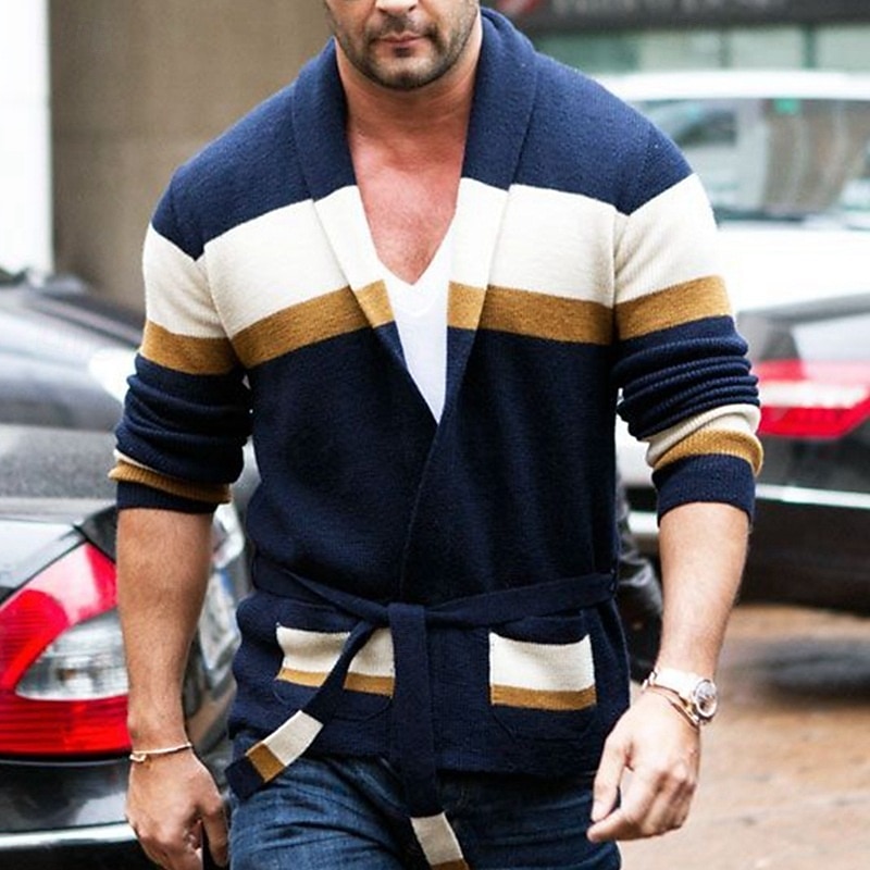 Men's Sweater Cardigan Sweater Ribbed Knit Regular Tops Color Block Knitted Plain Shawl Collar Vacation Fashion Casual Daily Wear Clothing Apparel Spring &  Fall Navy Blue M L XL