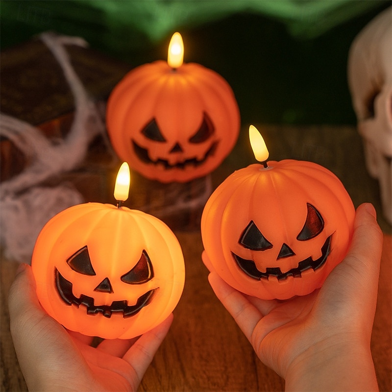 1 Pc 9.5 * 7.6CM Halloween Smiling Pumpkin LED Electronic Candle Light Indoor Outdoor Restaurant Bedroom Party Festival Atmosphere Decorative Light Ornament Light Small Night Light LR44 * 3 Battery