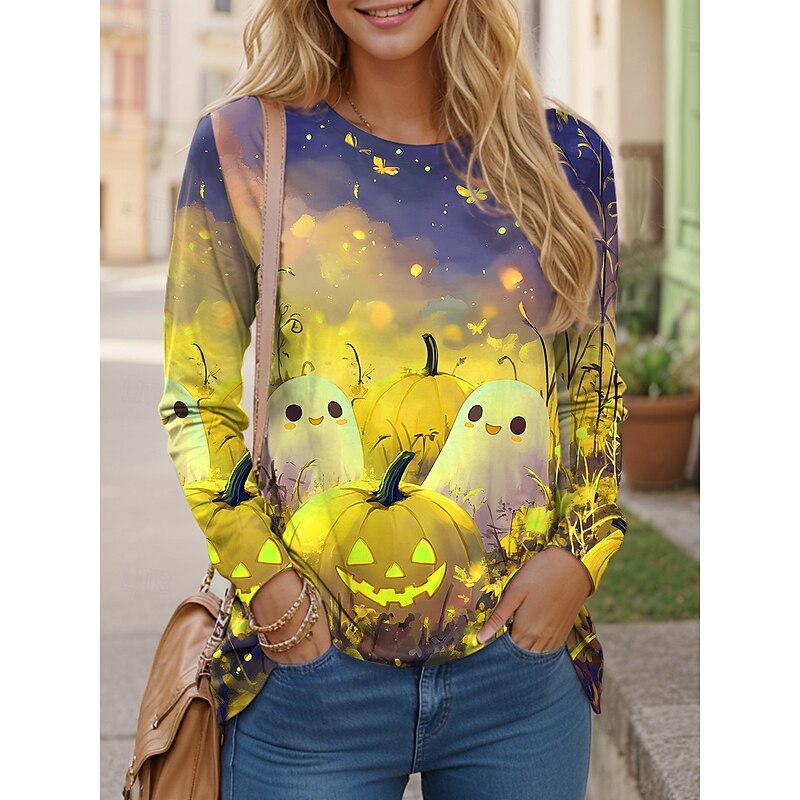 Halloween Women's T shirt Pumpkin Long Sleeve Graphic Ghost Vintage Fashion Casual Long Sleeve Crew Neck Regular Tops Daily Print Yellow Purple Orange Fall Winter Prefall2