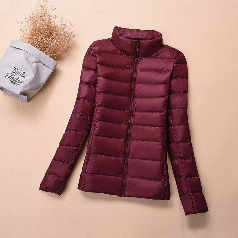 Women's Winter Coat Puffer Jacket Warm Comfortable Zipper Pocket Fashion Plain Street Going out Zipper Regular Stand Collar Regular Fit Long Sleeve Outerwear Light Green Wine Red Fall Winter2