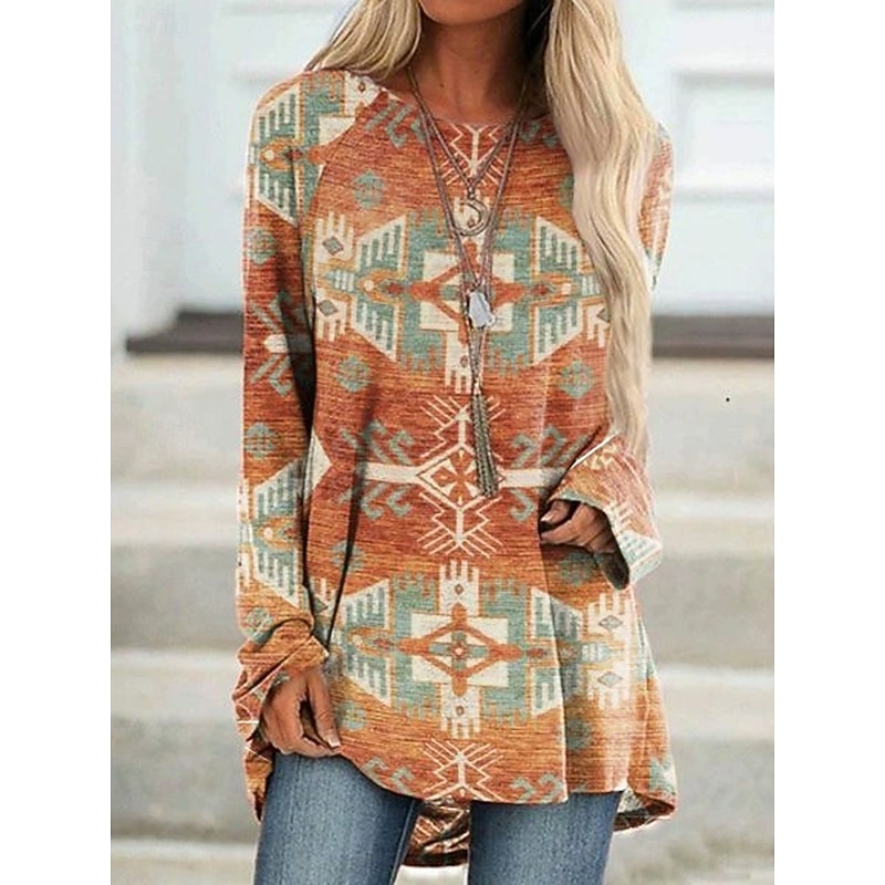 Women's T shirt Long Sleeve Graphic Tribal Vintage Stylish Classic Long Sleeve Crew Neck Round Neck Long Tops Daily Print Red Blue Spring Fall Prefall