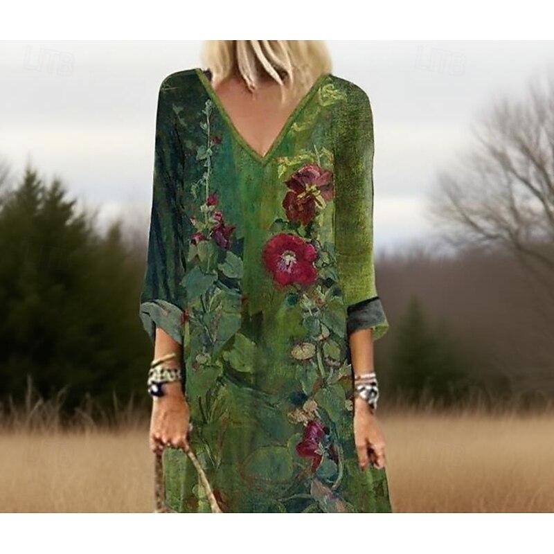 Women's Long Dress Maxi Dress Casual Dress Print Dress Fashion Modern Daily Beach Weekend Regular Fit Flower 3/4 Length Sleeve V Neck Green Fall2