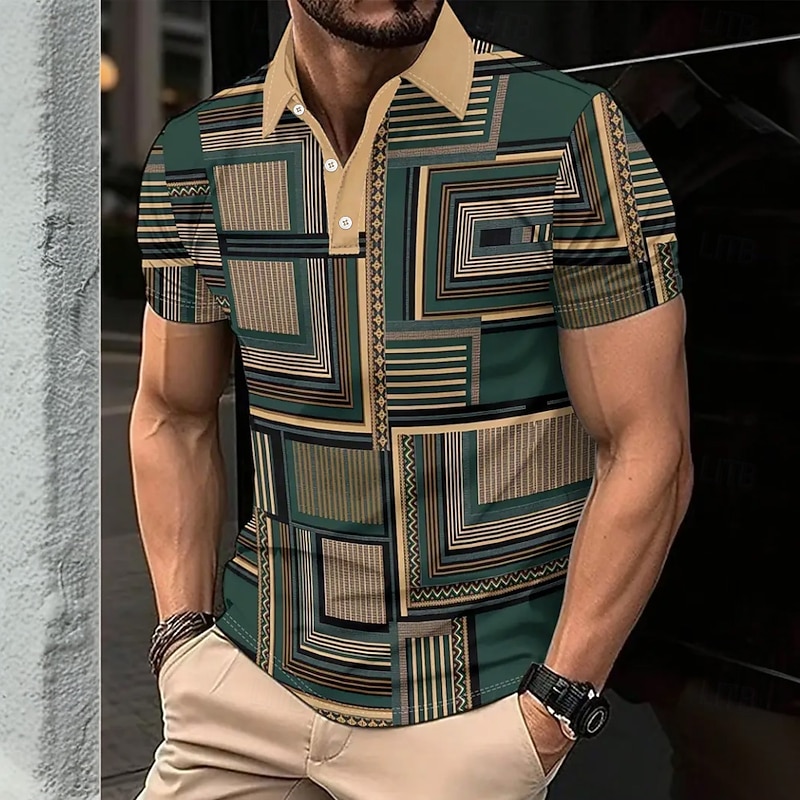 Men's Geometic Polo Short Sleeve Polo Shirts Collared Shirts Casual Athleisure 3D Print Buttons Summer Blue Brown Green2