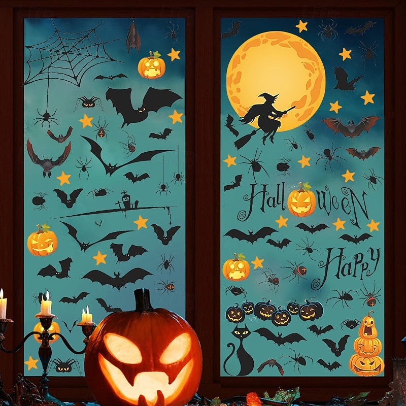 9 Sheet Halloween Window Clings, Static Stickers with Bats, Pumpkins, Black Cats, Witches, Removable Glass Decals for Bathroom, Home, Office, Party Window Decorations2