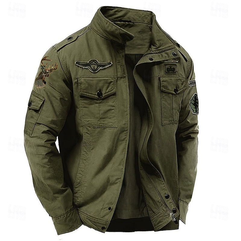 Men's Cotton Embroidered Military Jacket Windbreaker with Shoulder Straps Long Sleeve Standing Collar Multi-Pockets Trucker Jacket Reindeer Print Tactical Outerwear3