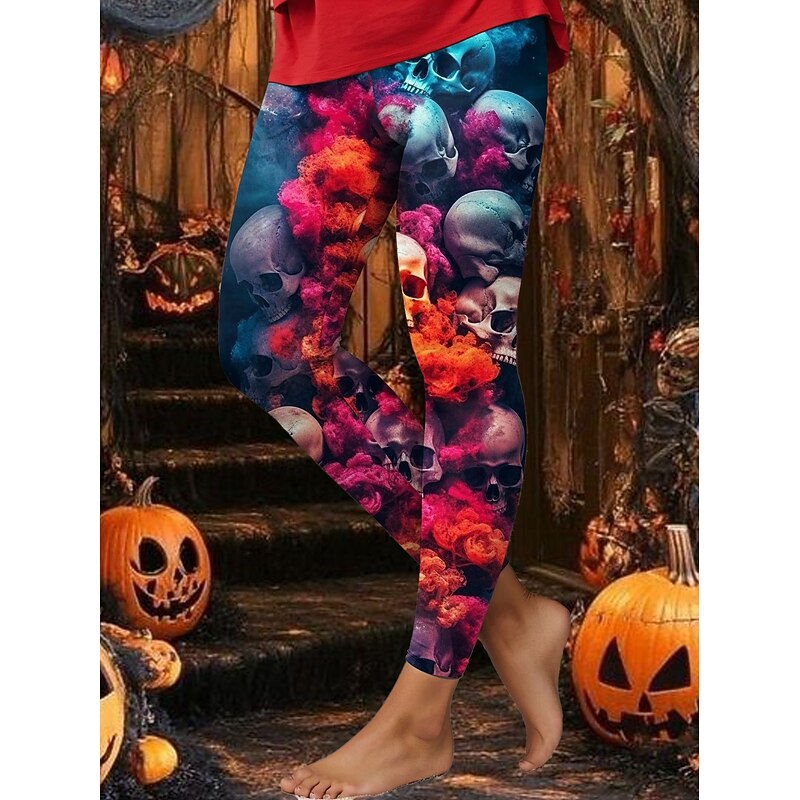 Women's Leggings Vacation Vintage Fashion Ankle-Length High WaistPantsHalloween Graphic Skull Halloween Printing Soft Breathable Stretchy Vacation Street Causal White Blue Green Khaki Spring Fall4