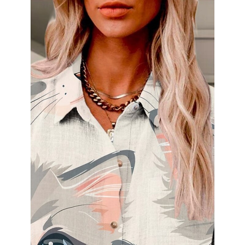 Women's Shirt Cat Active Daily Stylish Long Sleeve Shirt Collar Regular Tops Daily Holiday Buttons Print Gray Summer Spring Fall3