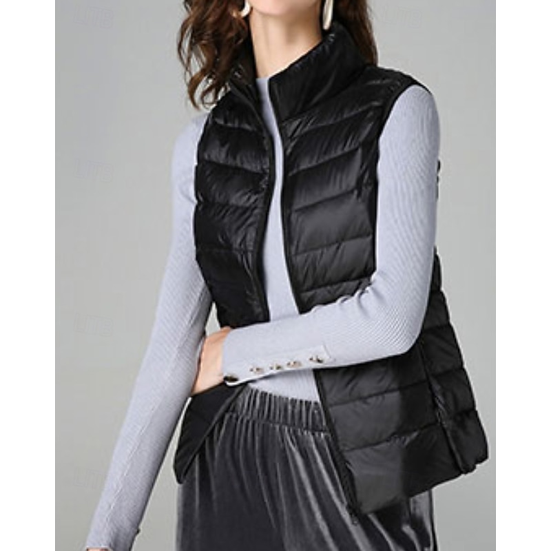 Women's Vest Warm Comfortable Zipper Pocket Fashion Plain Outdoor Vacation Zipper Regular Stand Collar Regular Fit Sleeveless Outerwear Black White Purple Fall Winter2