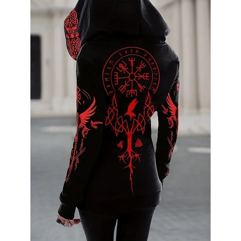 Women's Viking Vintage Zip Up Hoodies Floral Punk Active  Long Sleeve Hooded Regular Tops Home Casual Black Red Fall Winter4