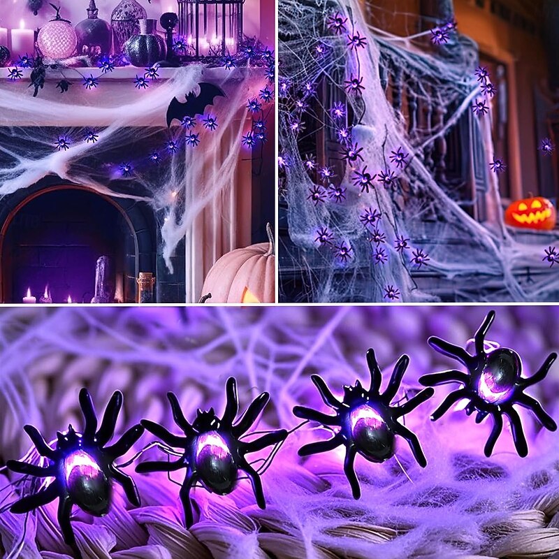 Halloween Spider String Lights 2m 20LED 5m 50LED Purple Spider Lights Battery Operated Halloween Decor Lights 3D Spider String Lights for Halloween Home Staircases Garden Porch Decoration