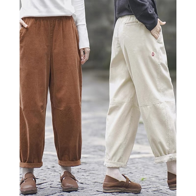 Women's Slacks Straight Streetwear Casual Full Length Natural Plain Pocket Elastic Waist Soft Holiday Daily Wear Weekend Khaki Dark Blue Beige Coffee Fall Regular Fit