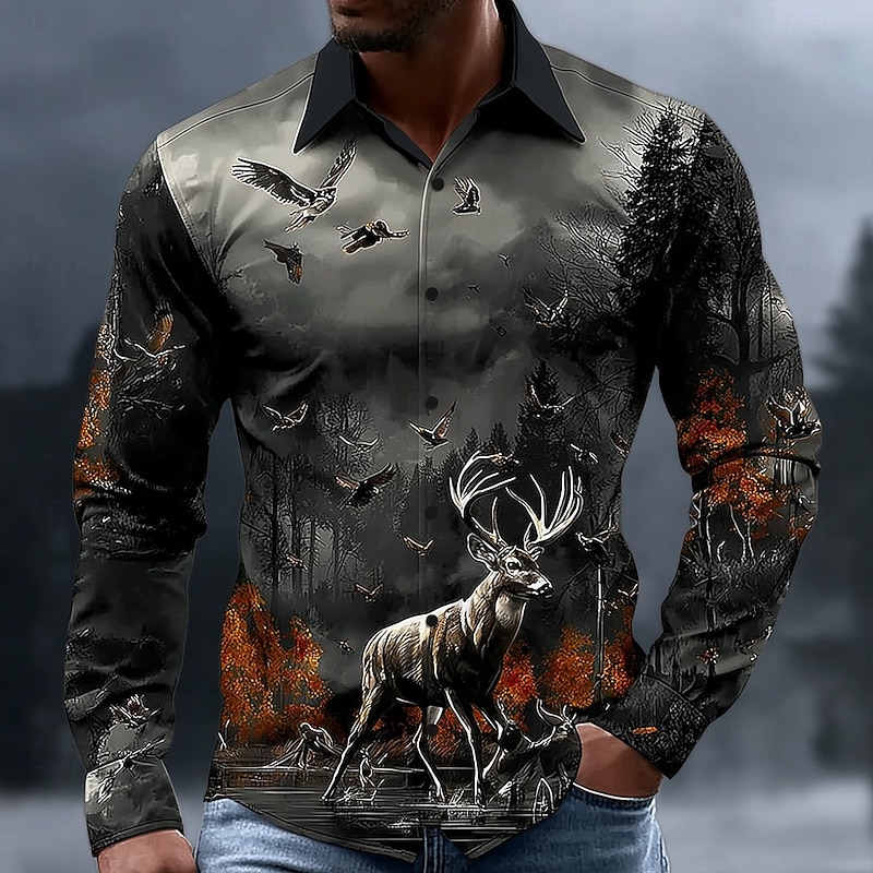 Men's Reindeer Forest Shirt Button Up Shirt Long Sleeve Vintage Retro Outdoor Hunting Hiking Summer Spring Turndown 3D Print Collared Shirts Dark Gray Gray